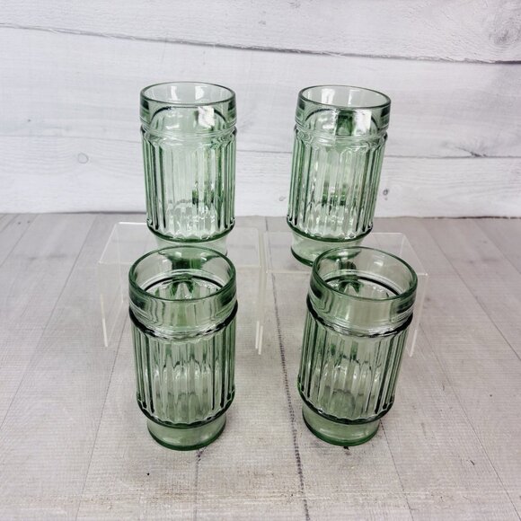 Vintage Anchor Hocking Ribbed Handled Green Glass Mugs Drinking Glasses Set of 4 - Picture 4 of 16